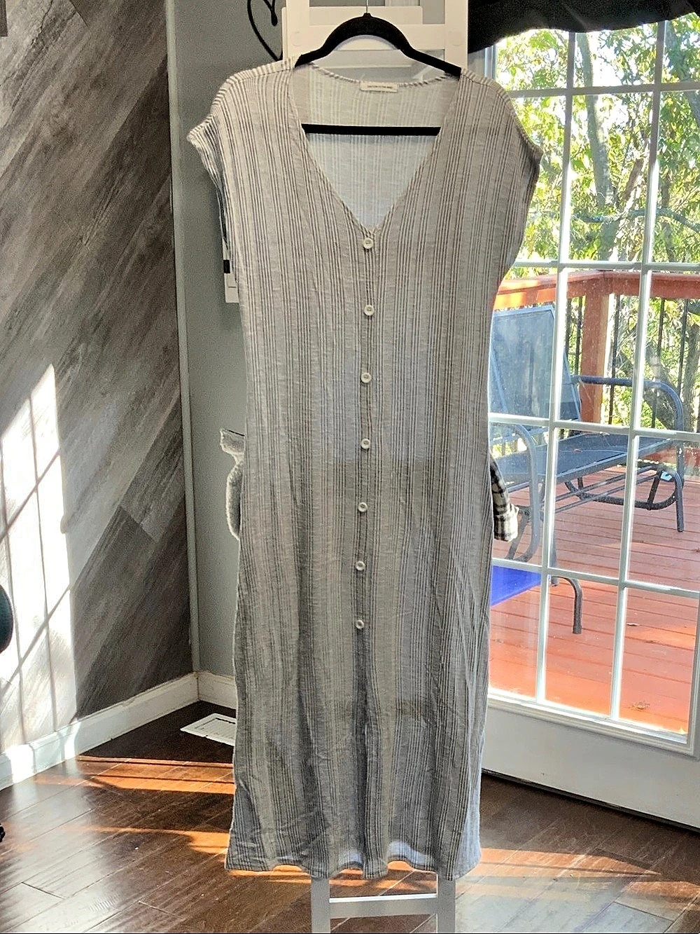 Gray White Striped Button Front Midi Dress M